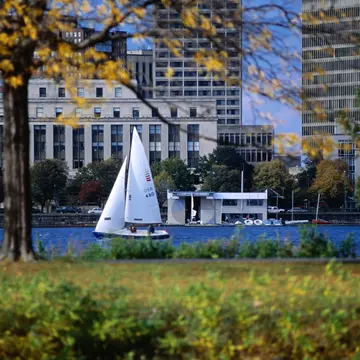 A sailboat off the Esplanade on the Charles River in Boston