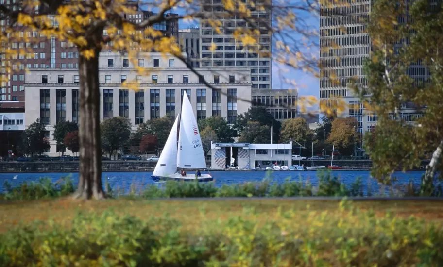 A sailboat off the Esplanade on the Charles River in Boston