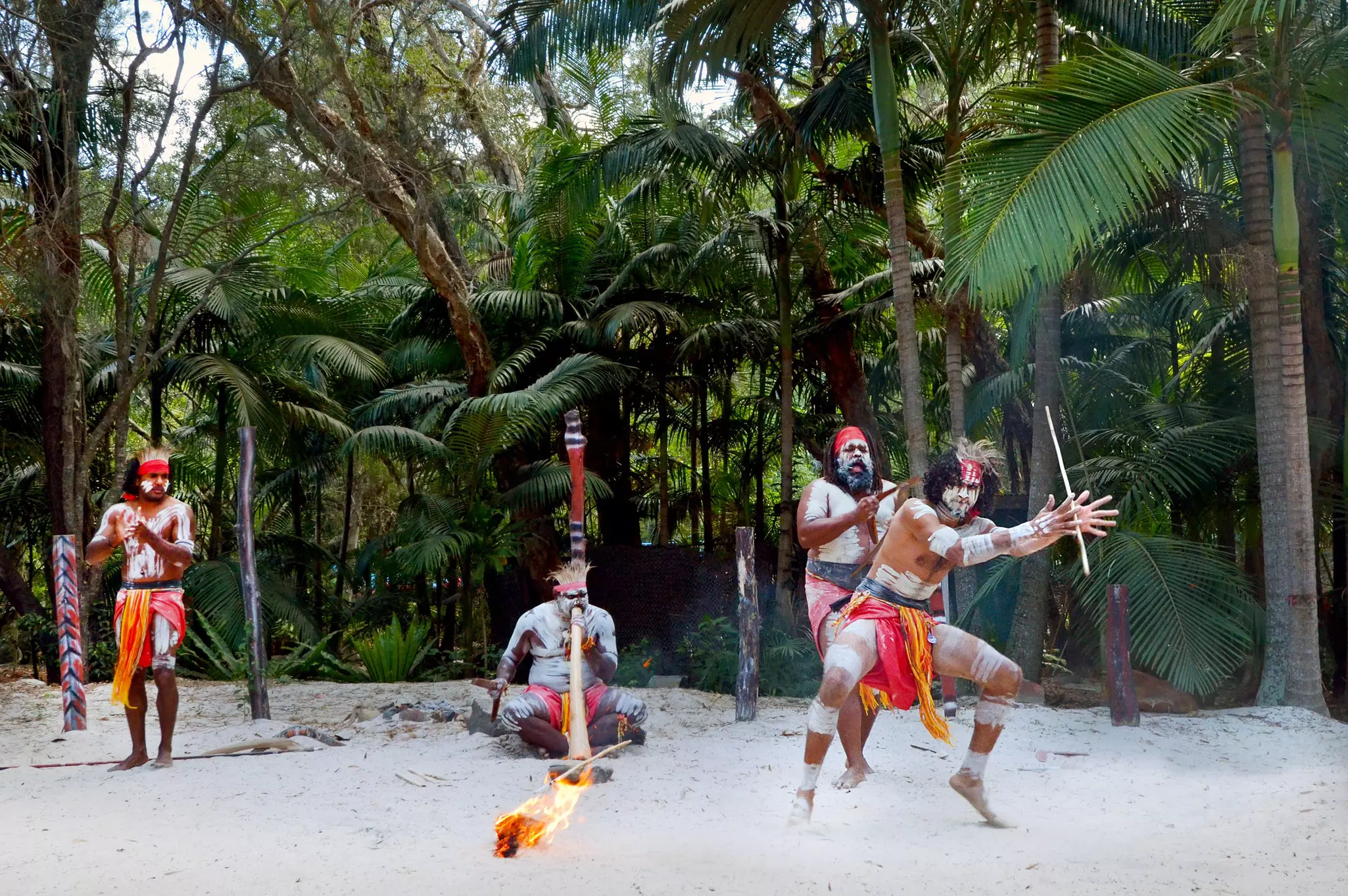 A group of Australian Aboriginal people dancing and playing music of Indigenous Australian dance during a show in Queensland
