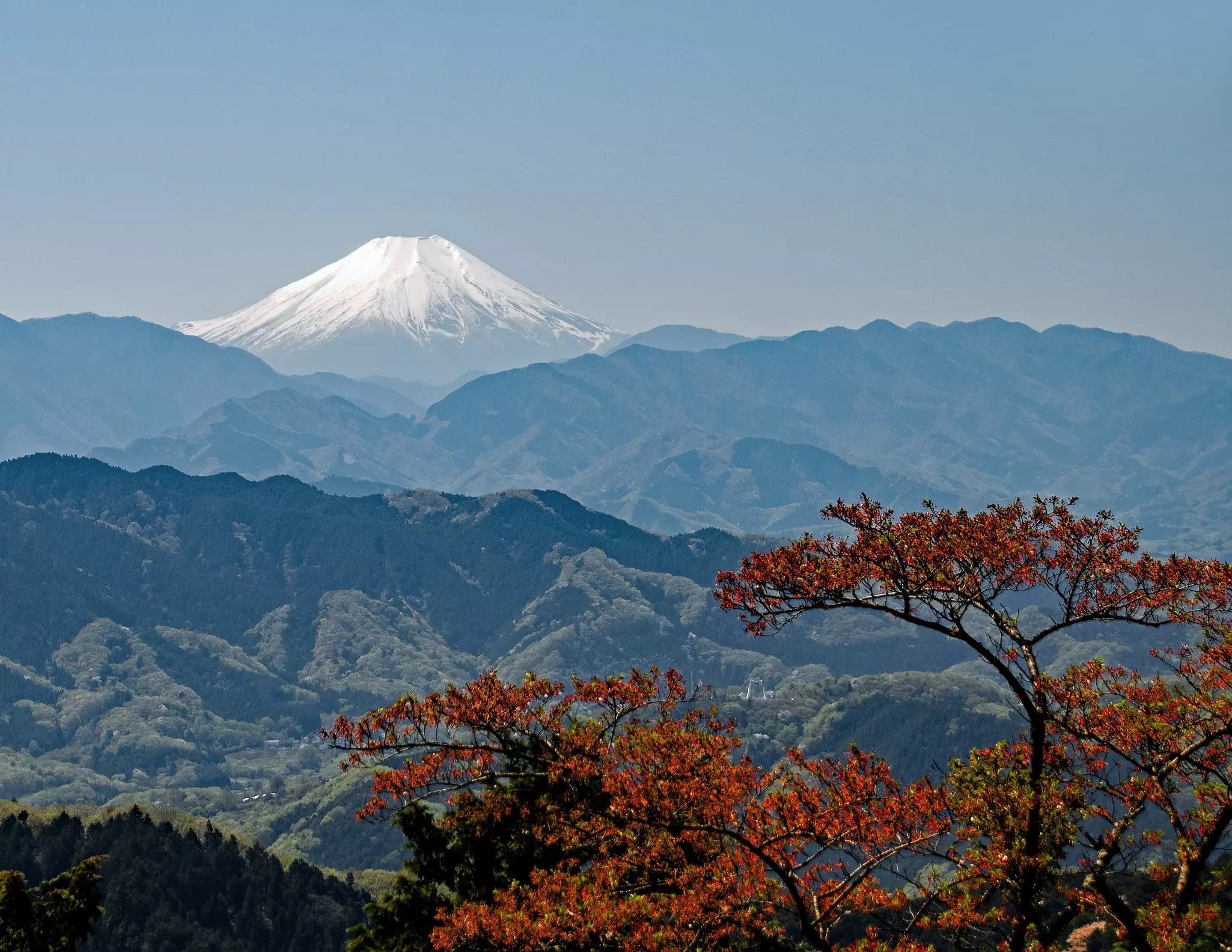 The summit of Mt Fuji viewed from Mt Takao near Tokyo, Japan.