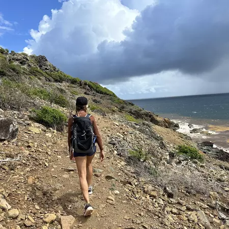 A guide dressed in a brown shirt and black backpack, leads hikers on the rocky cliff side trail to Colombier Beach.