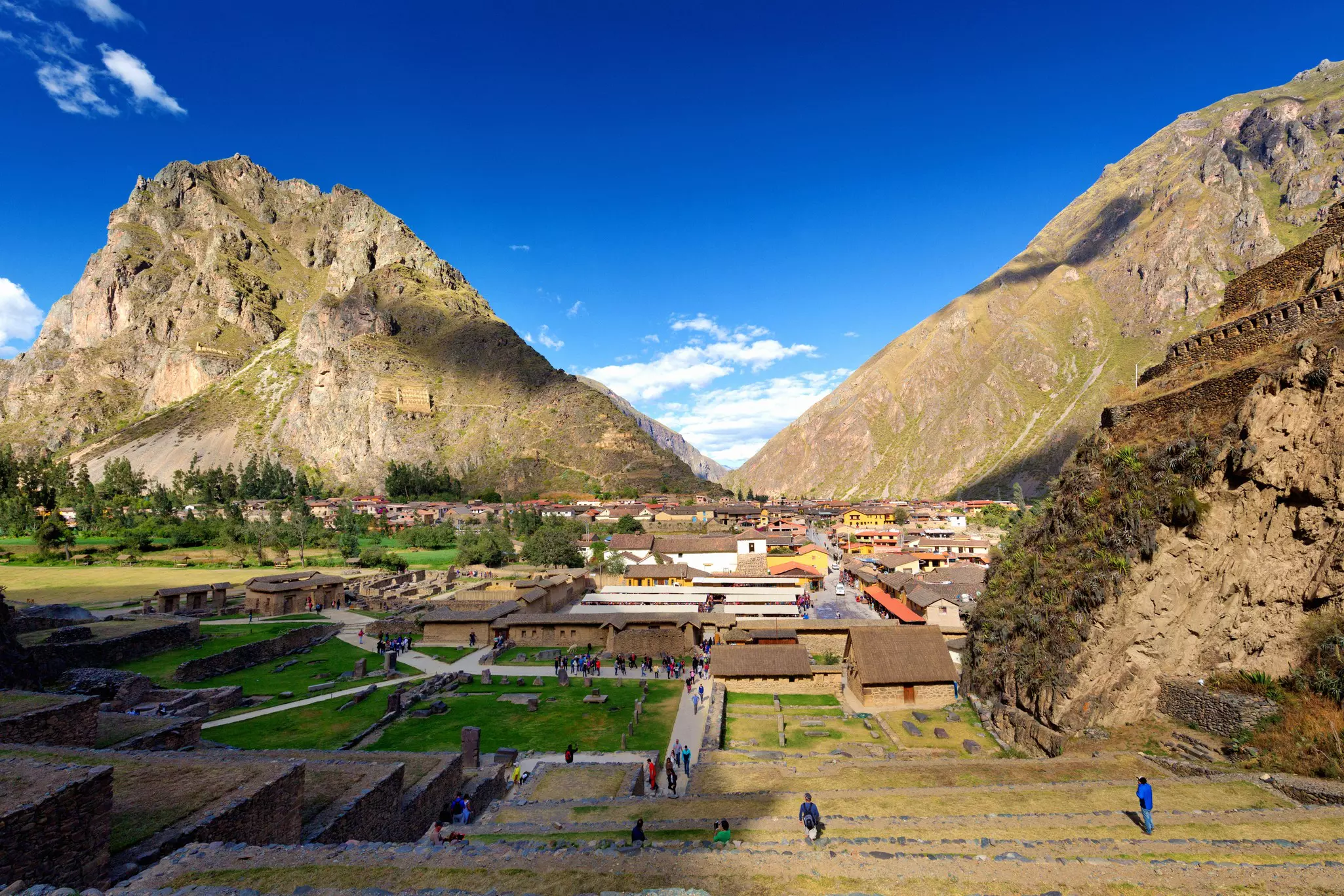 An aerial view of the terraces at Ollantaytambo