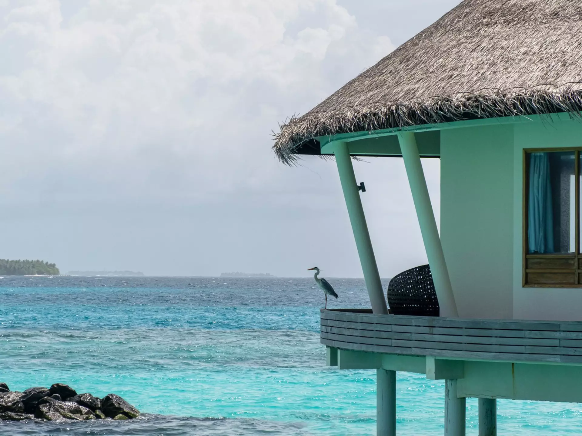 A heron perched on the railing of a bungalow over turquoise blue water.