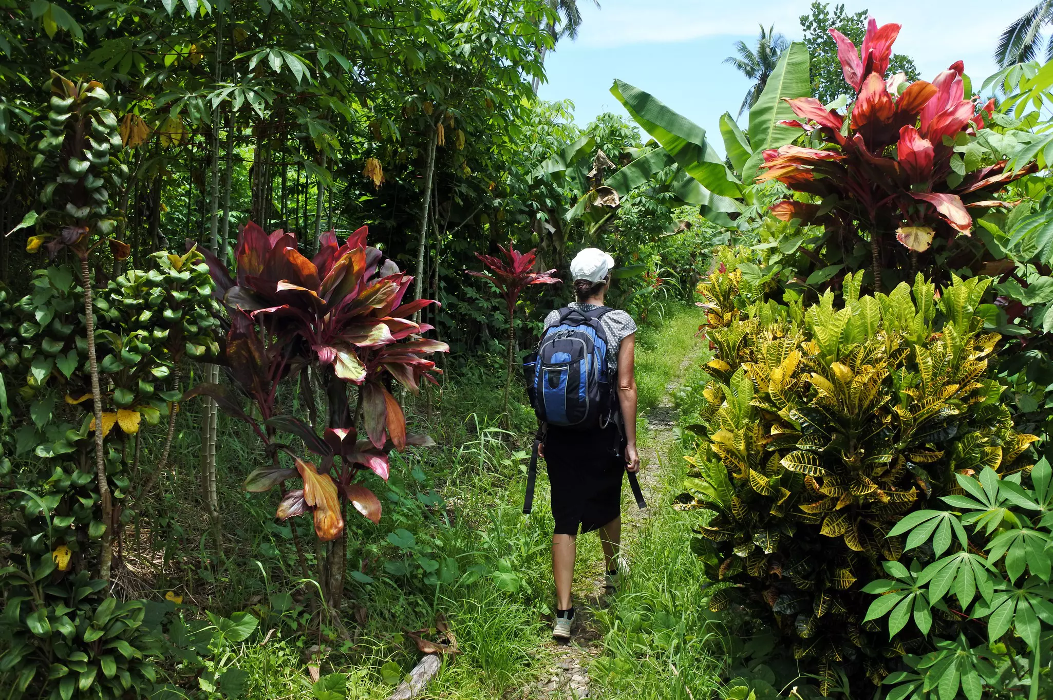 A woman hiking through colorful terrain in Fiji