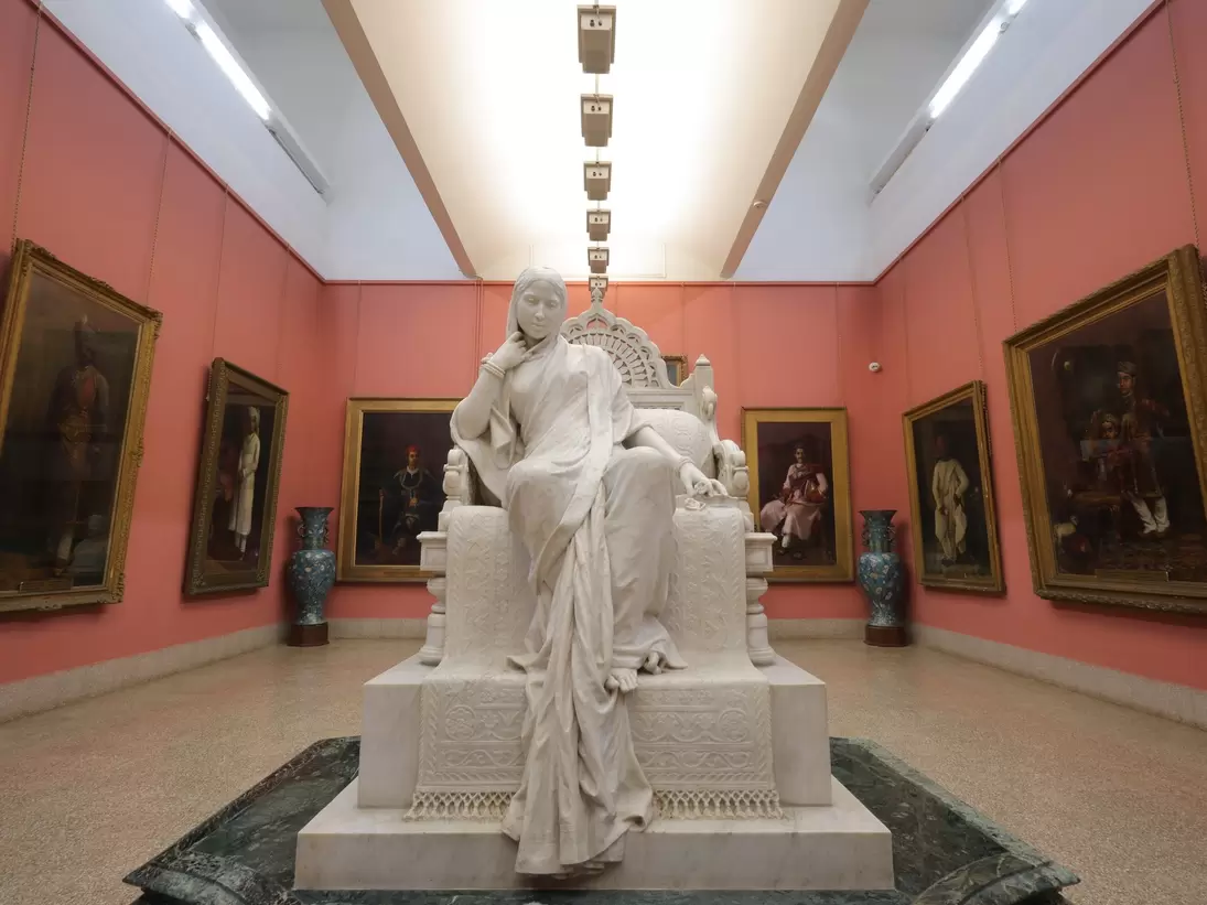 A large statuette in the interior of the Maharaja Fatesingh Museum in Vadodara (Baroda), Gujarat, India.