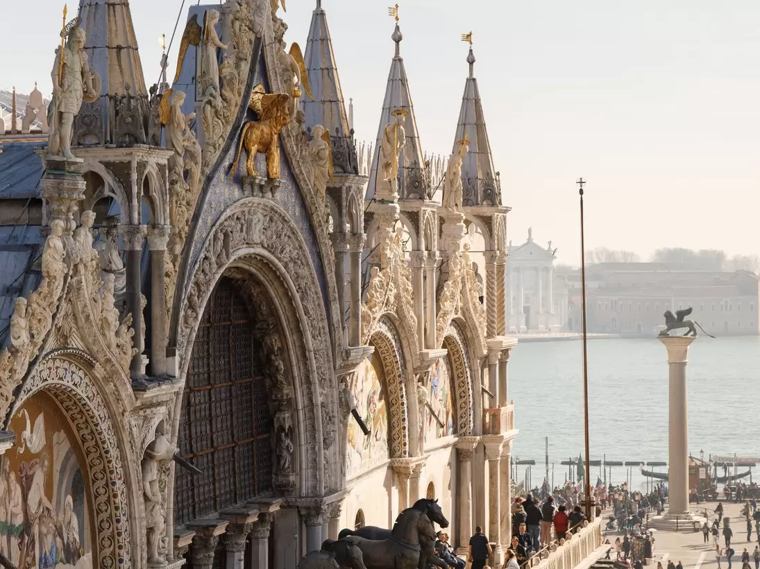 View of Basilica di San Marco and Piazza San Marco from above in Venice, Italy.