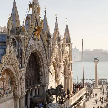 View of Basilica di San Marco and Piazza San Marco from above in Venice, Italy.
