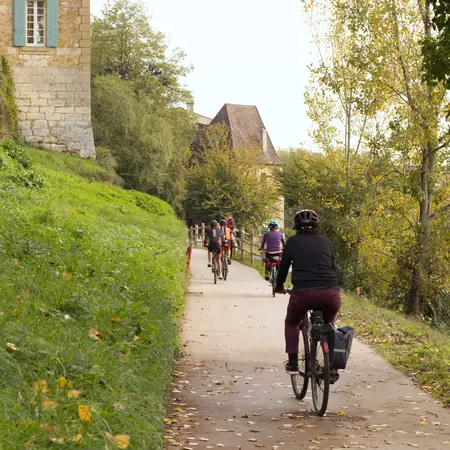 People cycling on a paved trail
