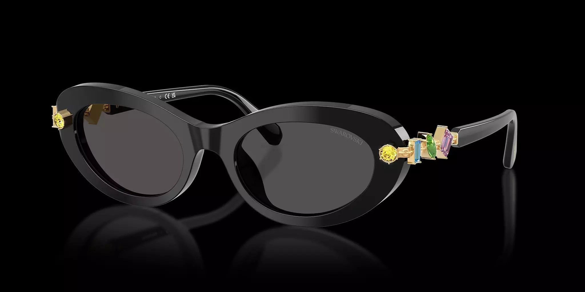 Black sunglasses with colored crystal accents.