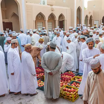 Men haggling over pomegranates at the souk in Nizwa, Oman