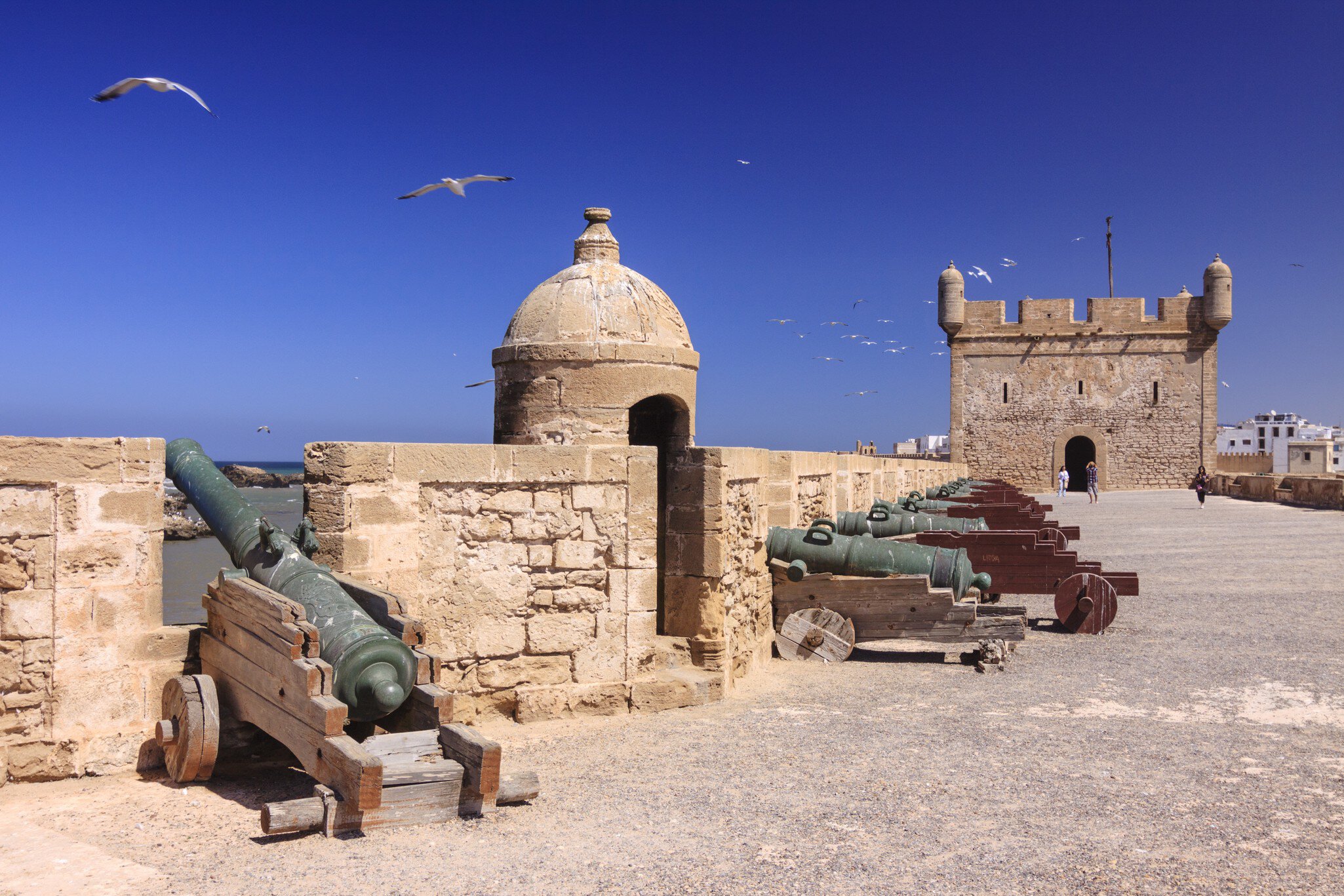 A line of old bronze cannons on their carriages behind a stone parapet, a round watchtower and crenellated sea wall beyond under a deep blue sky.