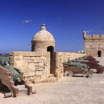 A line of old bronze cannons on their carriages behind a stone parapet, a round watchtower and crenellated sea wall beyond under a deep blue sky.