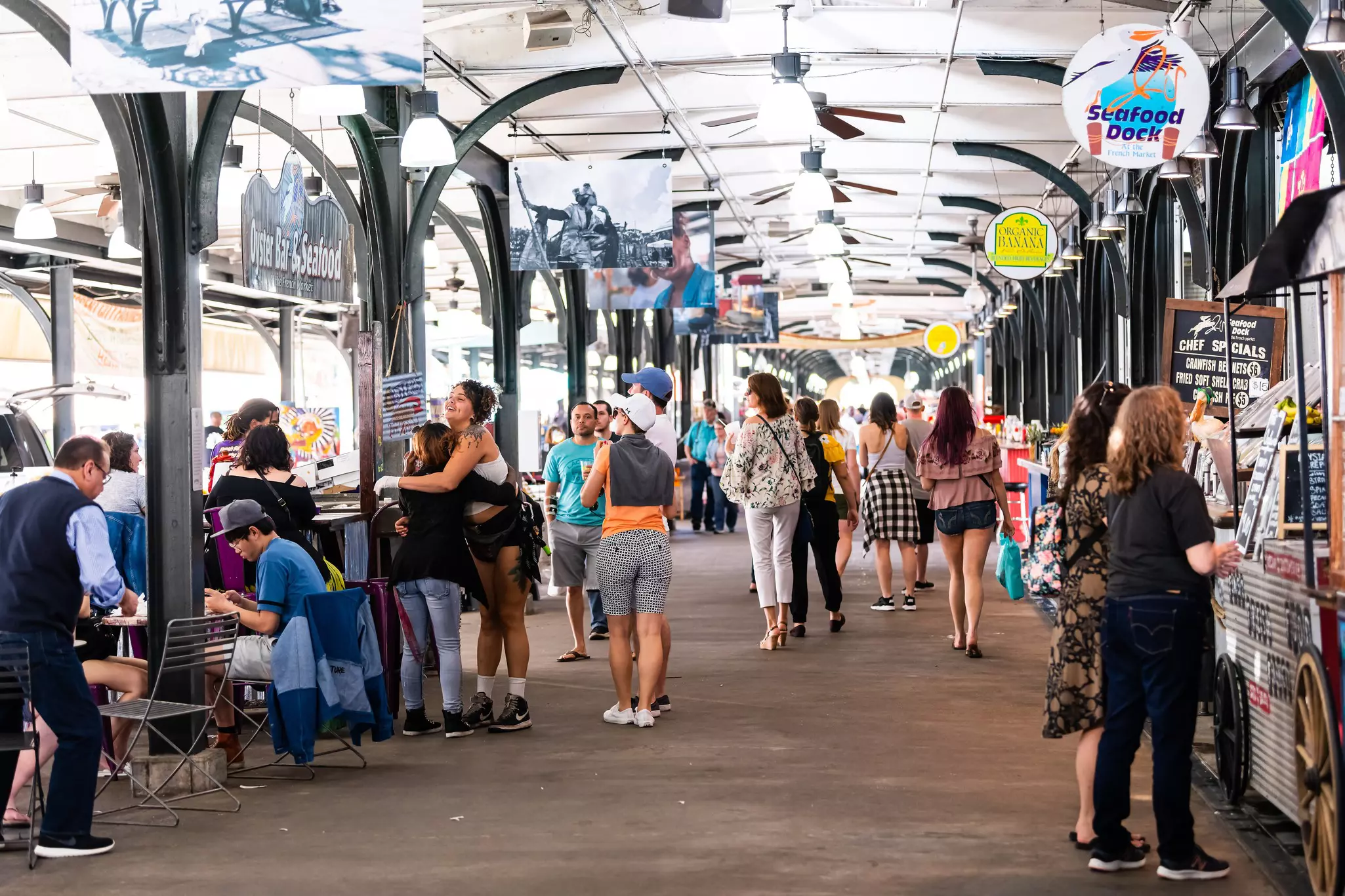 French Quarter outdoor covered arcade food and flea market inside in Louisiana famous city during day shop