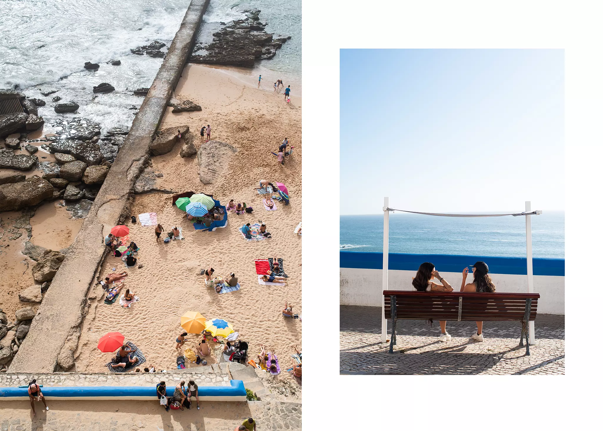 Left: People relaxing under colorful umbrellas on a sandy beach. Right: Two women chat on a wooden bench overlooking the ocean.