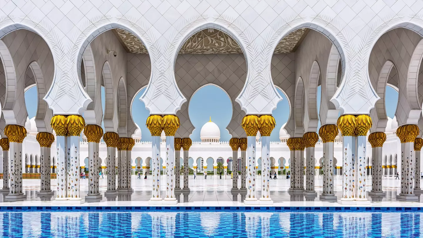A set of arches at Sheikh Zayed Grand Mosque in Abu Dhabi, United Arab Emirates