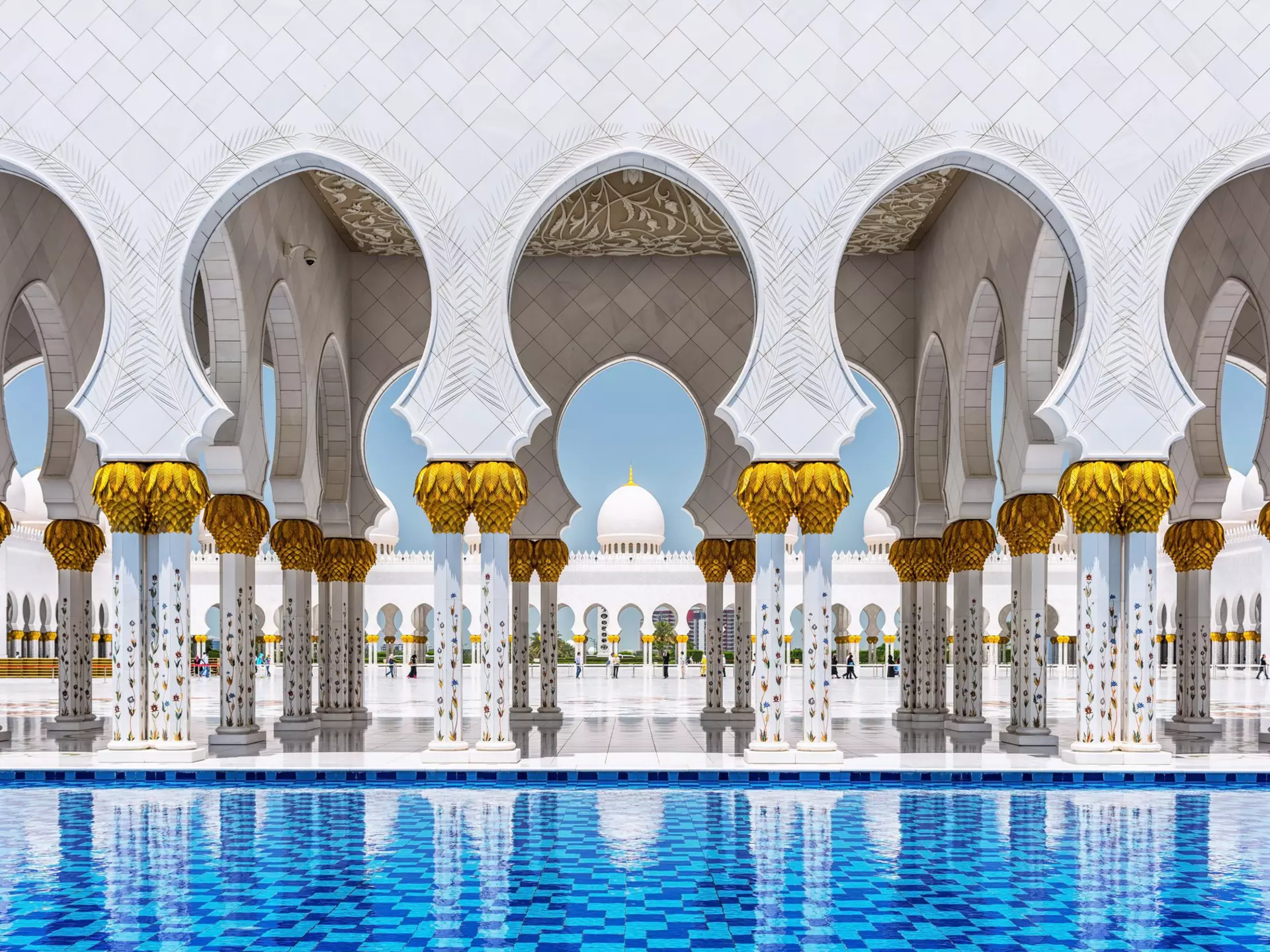 A set of arches at Sheikh Zayed Grand Mosque in Abu Dhabi, United Arab Emirates