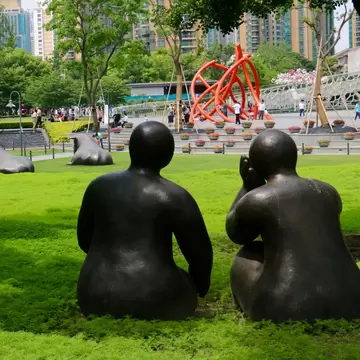 Shanghai, China - May 31 2017: Steel sculpture of two seated people at Jing'an Sculpture Park, License Type: media, Download Time: 2026-08-25T19:16:14.000Z, User: LP_NZhan, Editorial: true, purchase_order: 65050 - Digital Destinations and Articles, job: App Content, client: Lonely Planet  App, other: Nadine Zhan