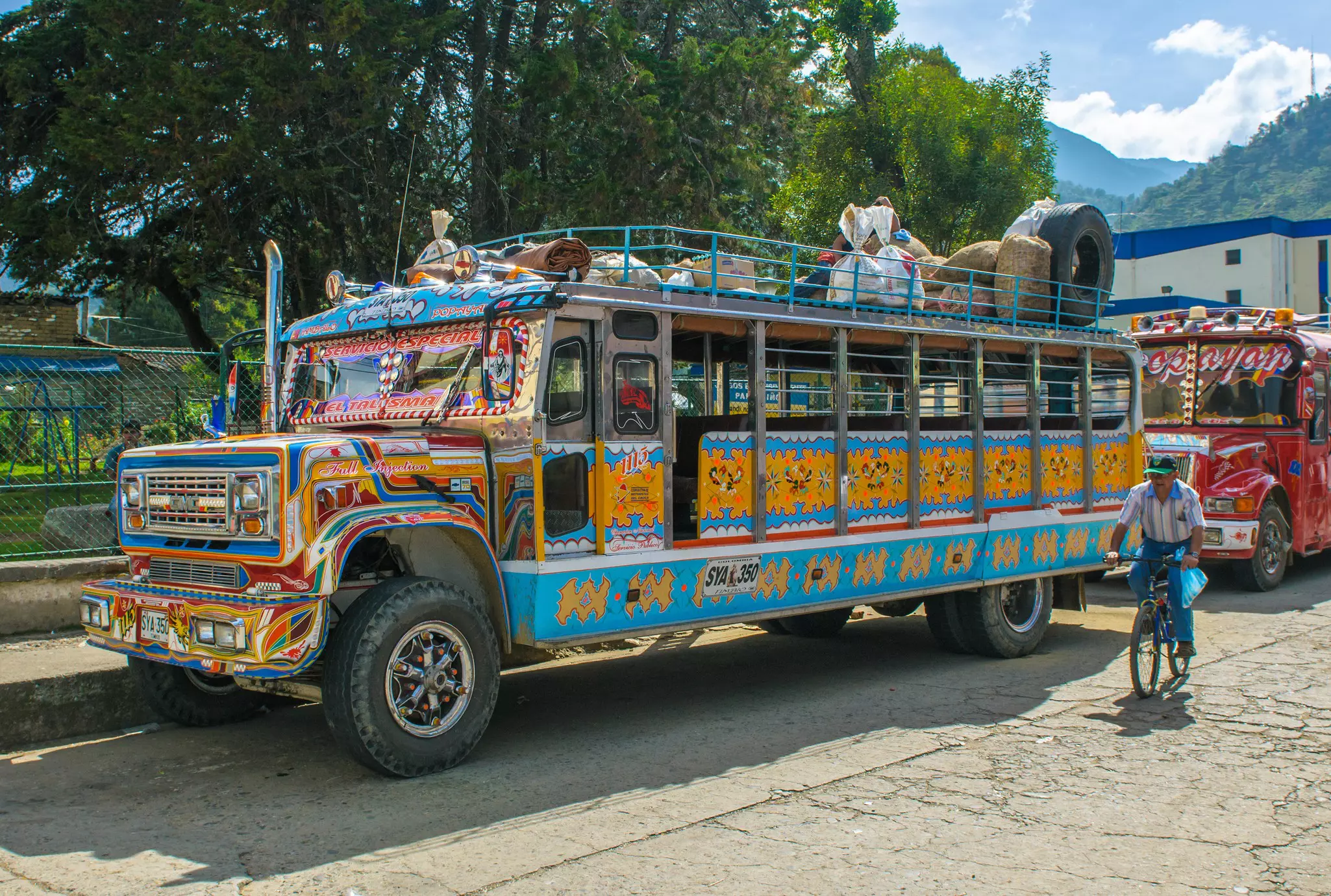 A colorful chiva bus in Silvia village, Colombia village. 
