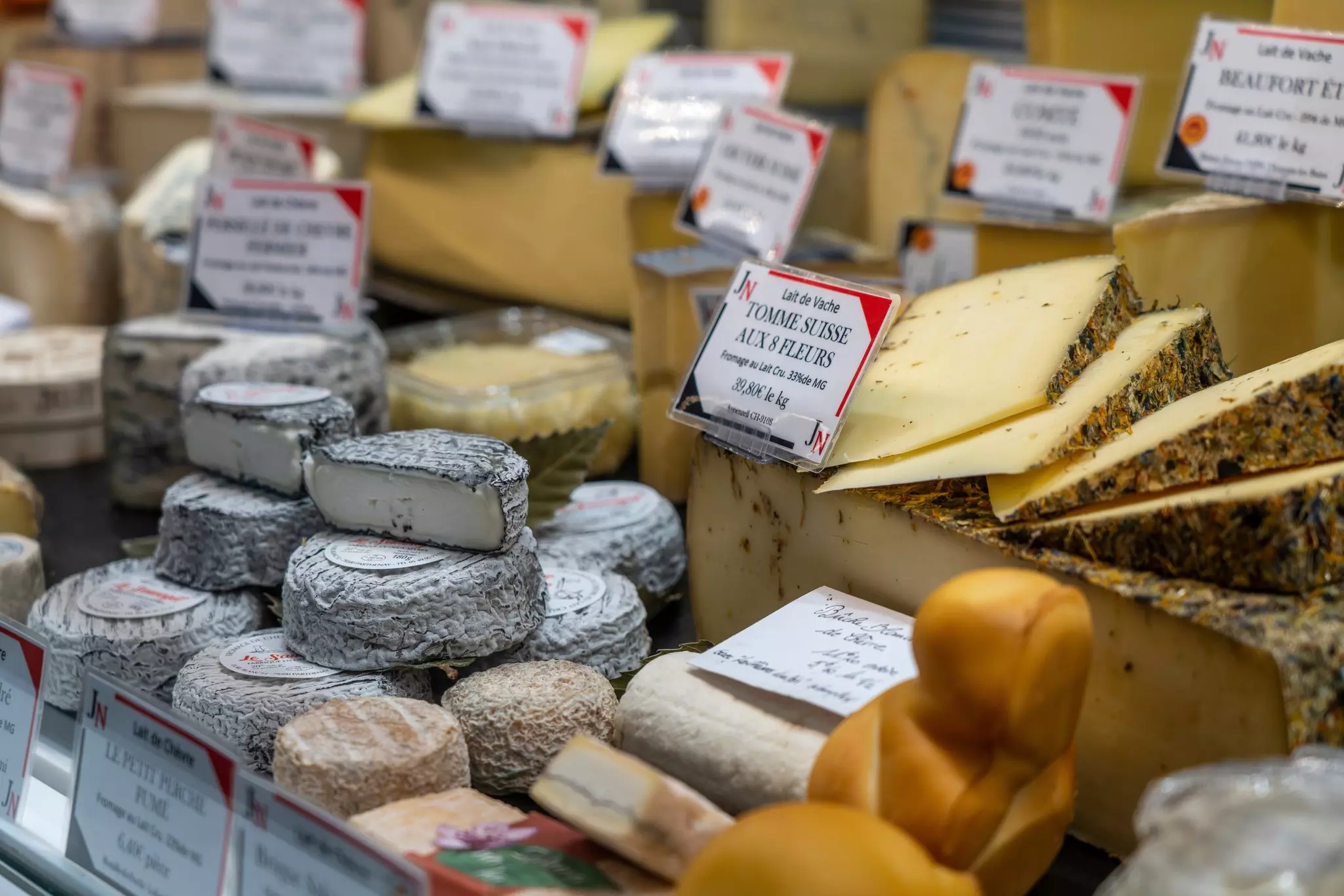 A variety of French cheeses at a shop in Nantes, France