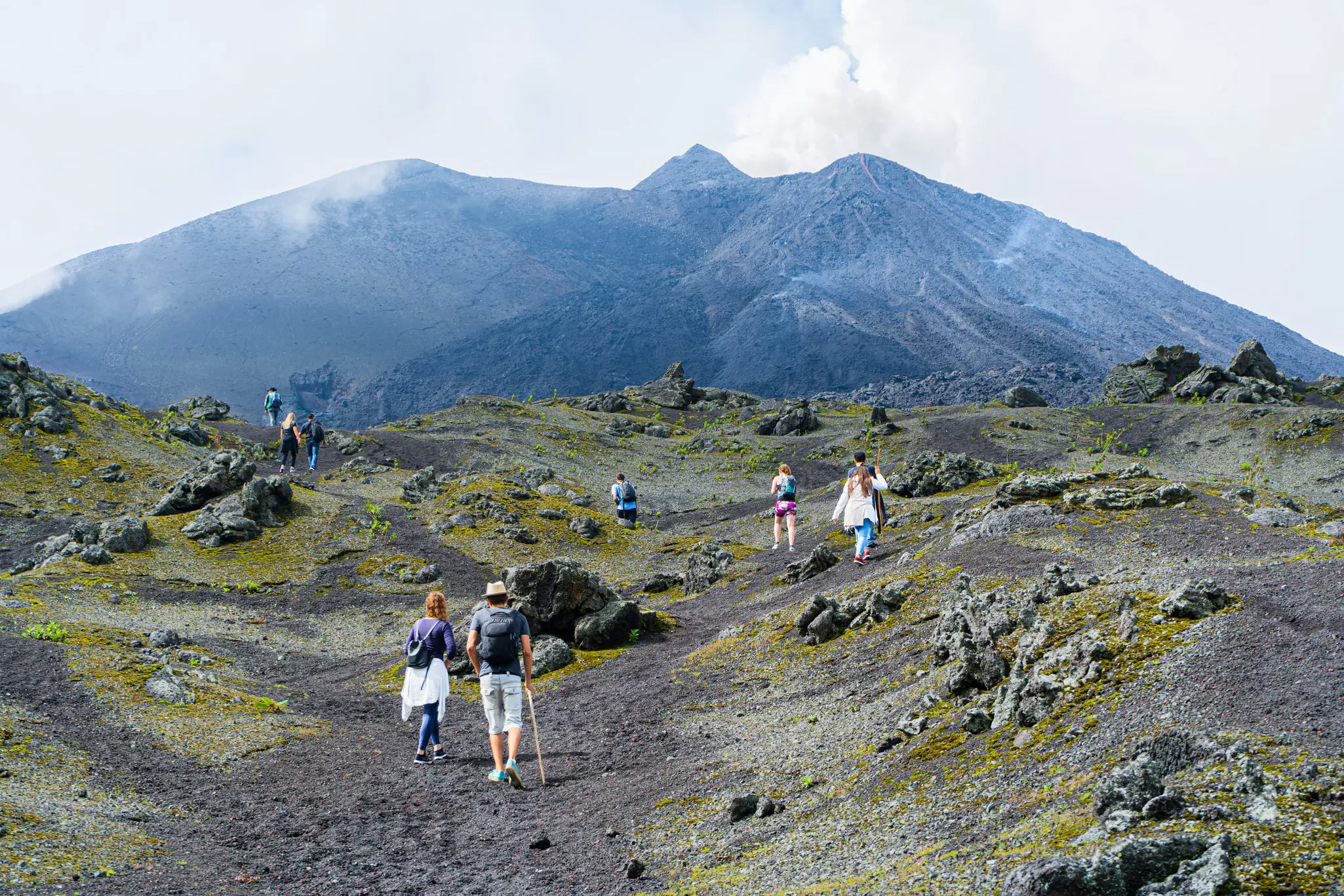 People walking singly or in groups toward a large, forested mountain on an overcast day.