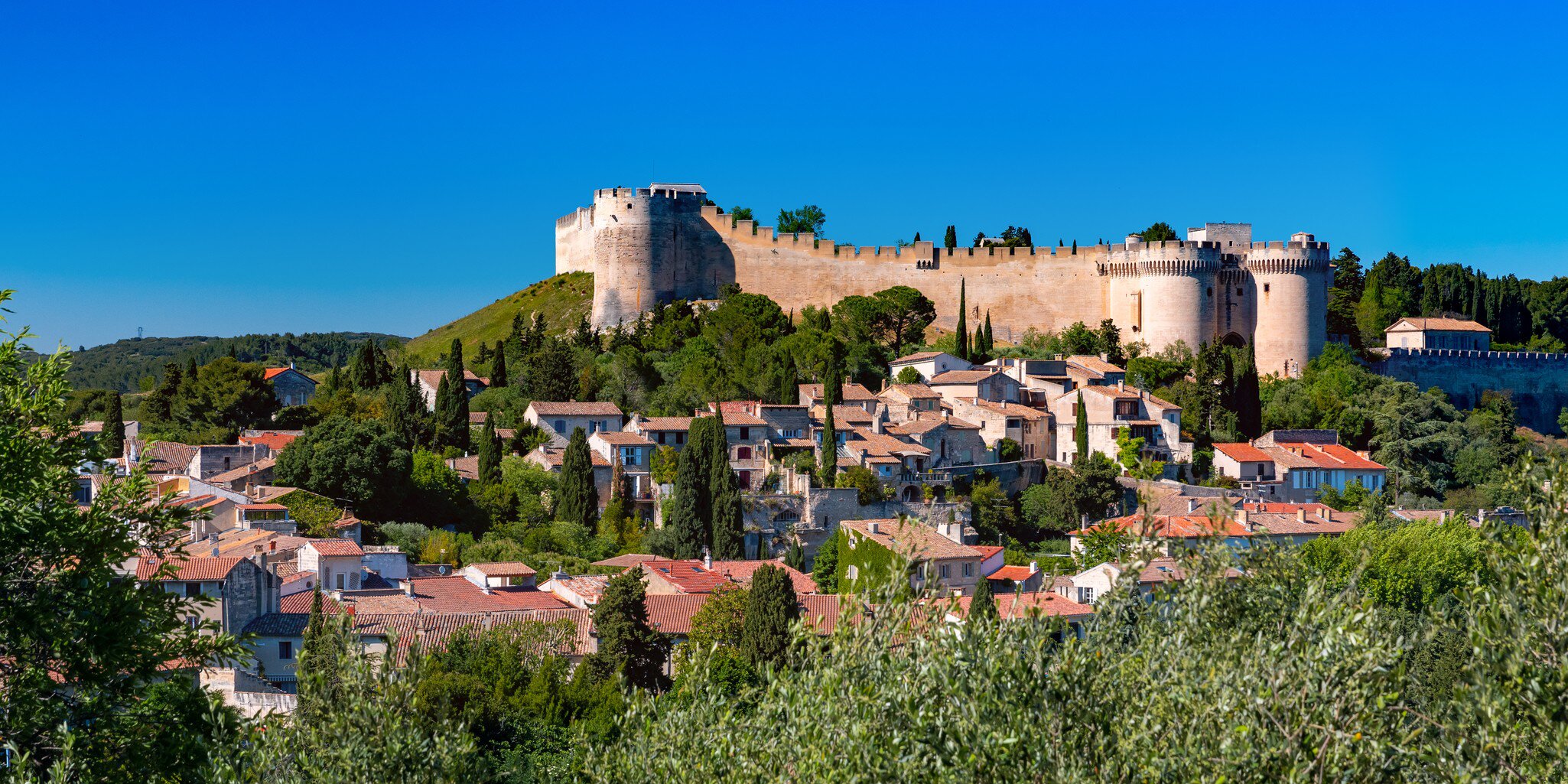 Panoramic view of medieval 14th-century fortress Fort Saint-Andre over the town of Villeneuve, south of France.