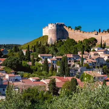 Panoramic view of medieval 14th-century fortress Fort Saint-Andre over the town of Villeneuve, south of France.