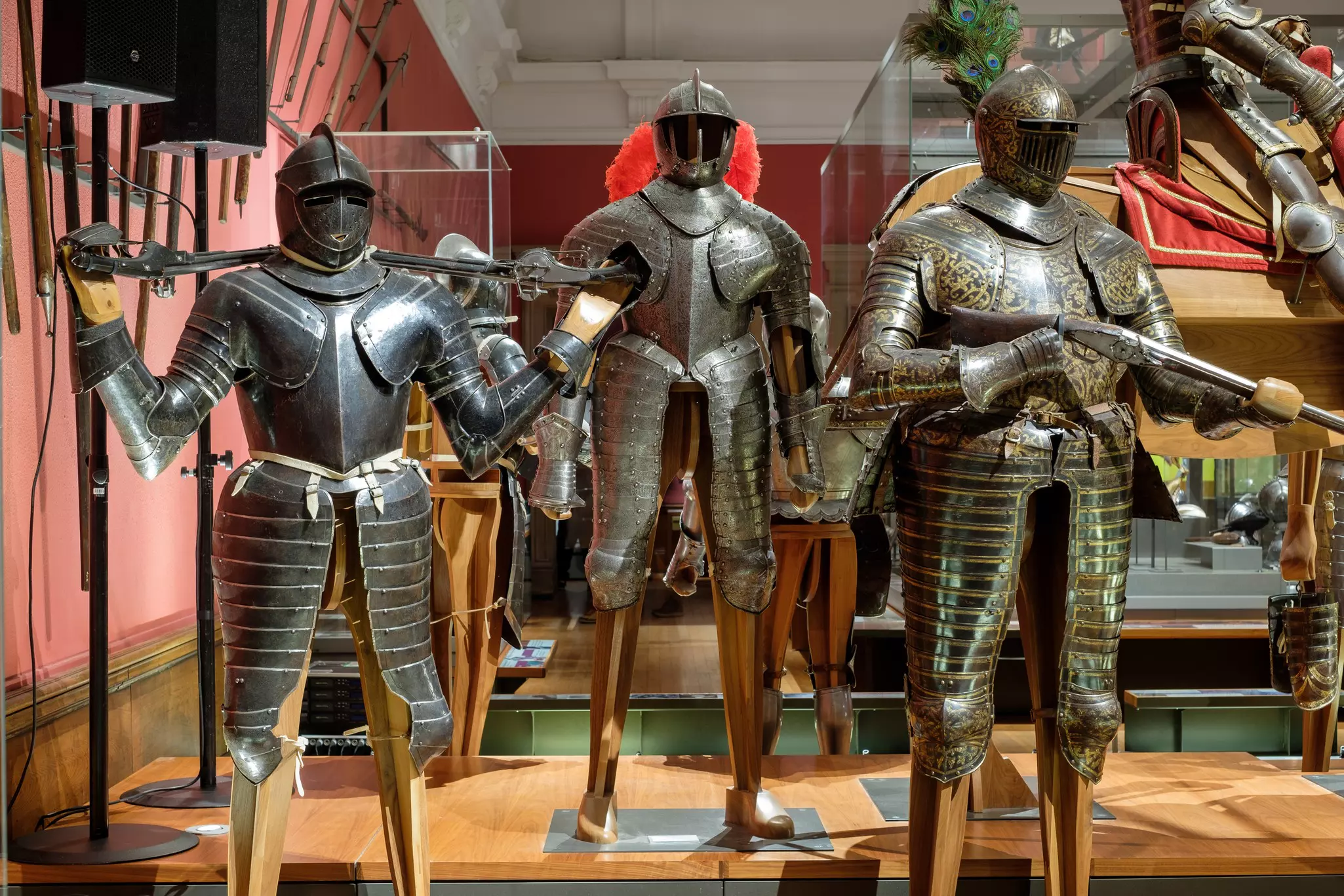 Three suits of armor on display at the Kelvingrove Art Gallery & Museum, Glasgow, Scotland.