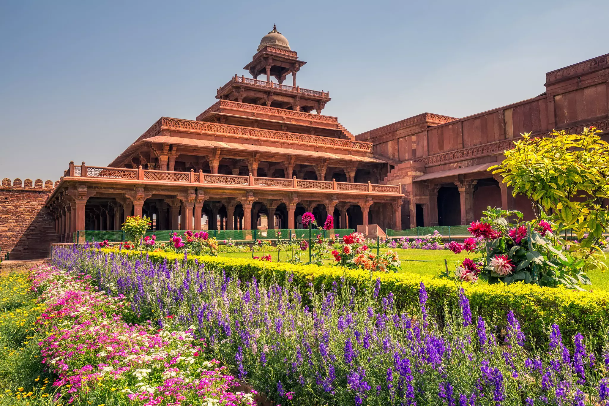 Fatehpur Sikri with colourful flowers.