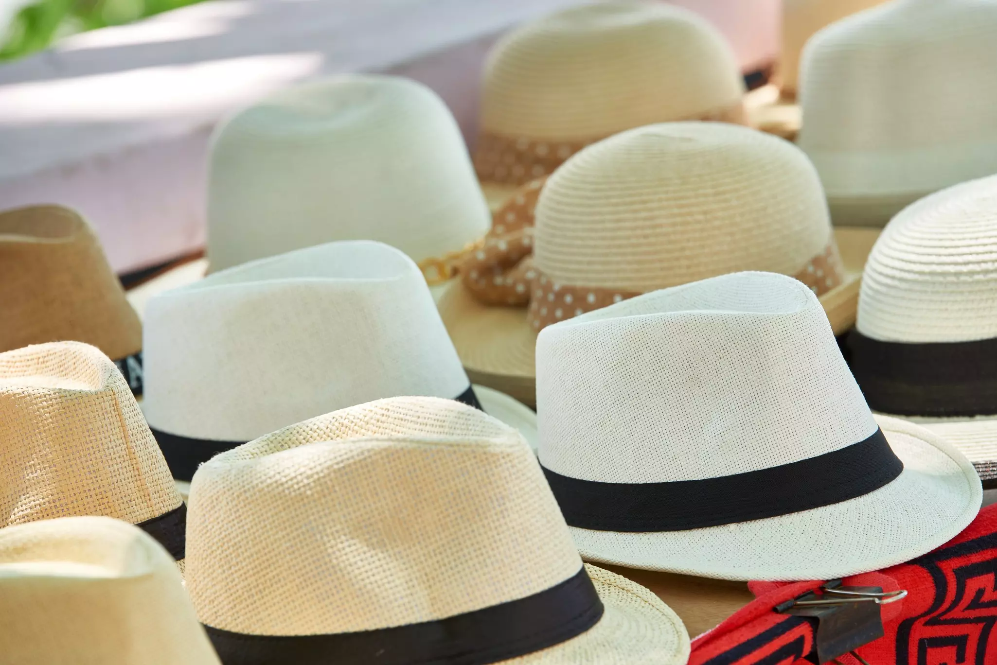 Panama hats on sale at a market stall. 