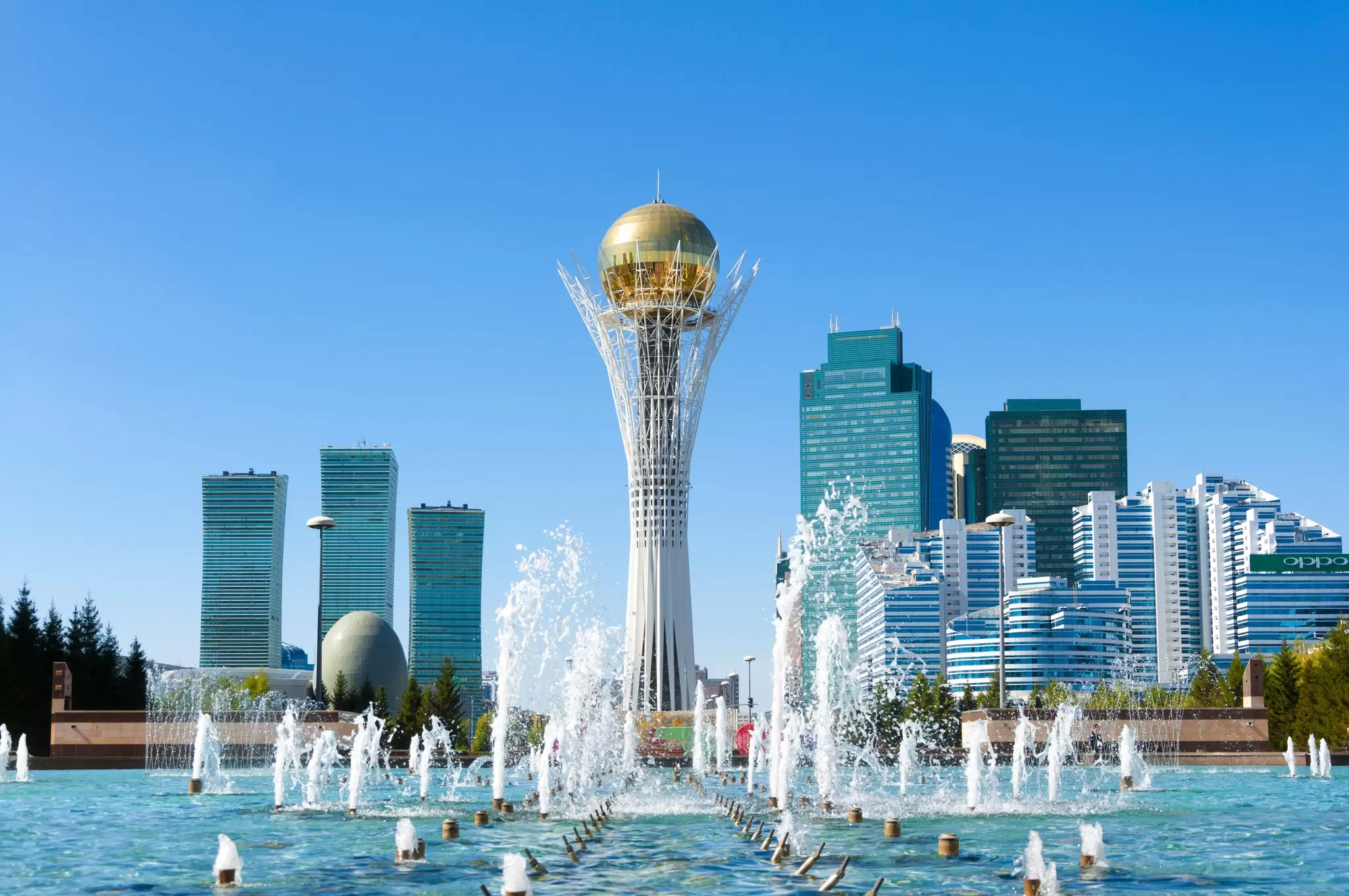 Fountains splash below the Bayterek Monument in Astana, Kazakhstan.