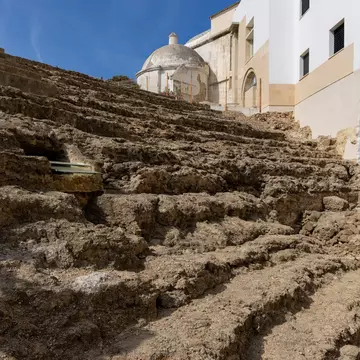 View of the ruins of the Teatro Romano in Cádiz, Spain.