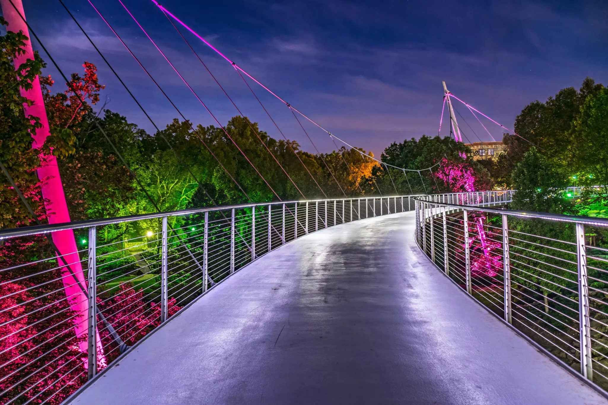 The illuminated Falls Park Liberty Bridge in Downtown Greenville at night.