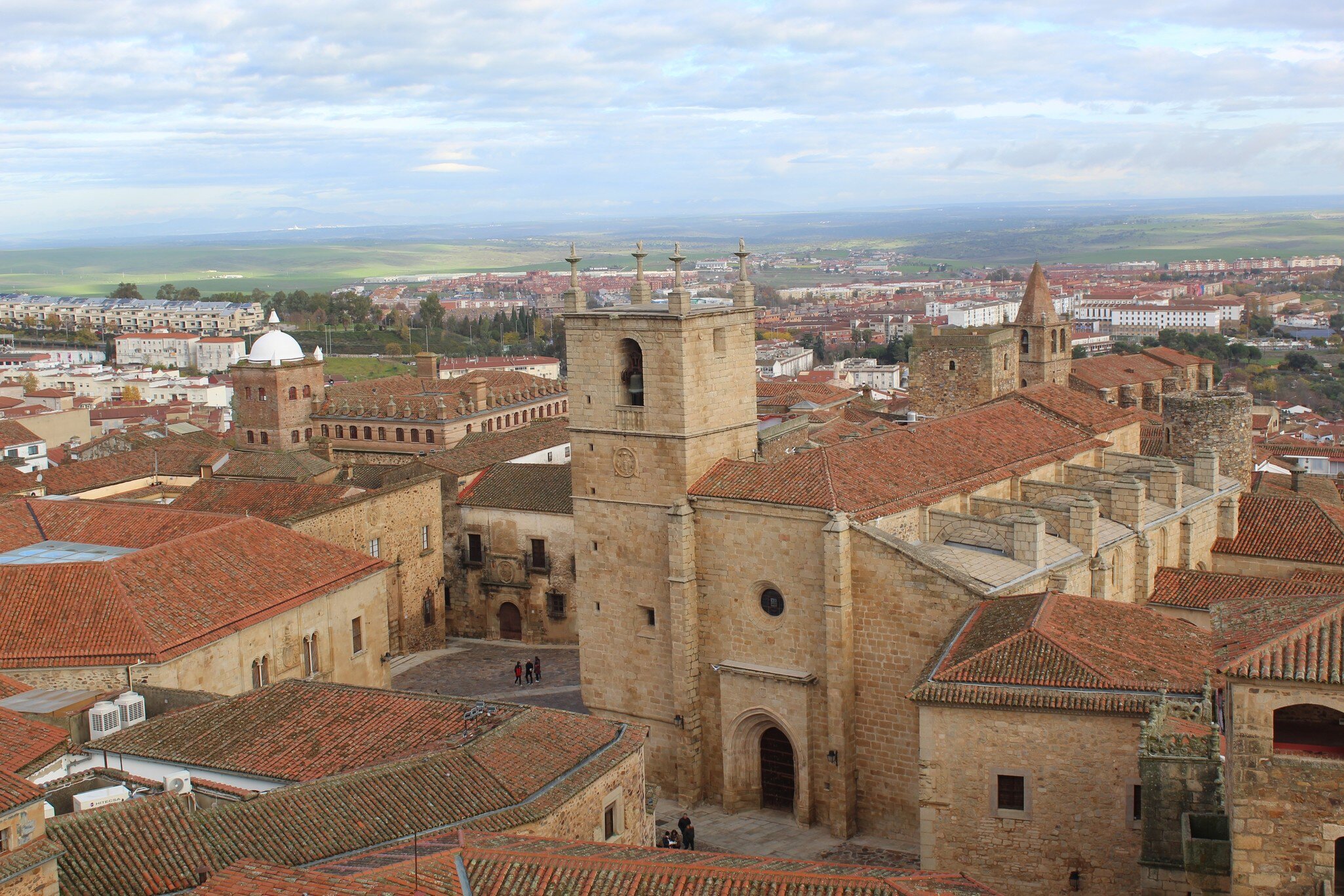 Aerial view of the Concatedral de Santa María in Cáceres, Spain.
