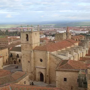 Aerial view of the Concatedral de Santa María in Cáceres, Spain.