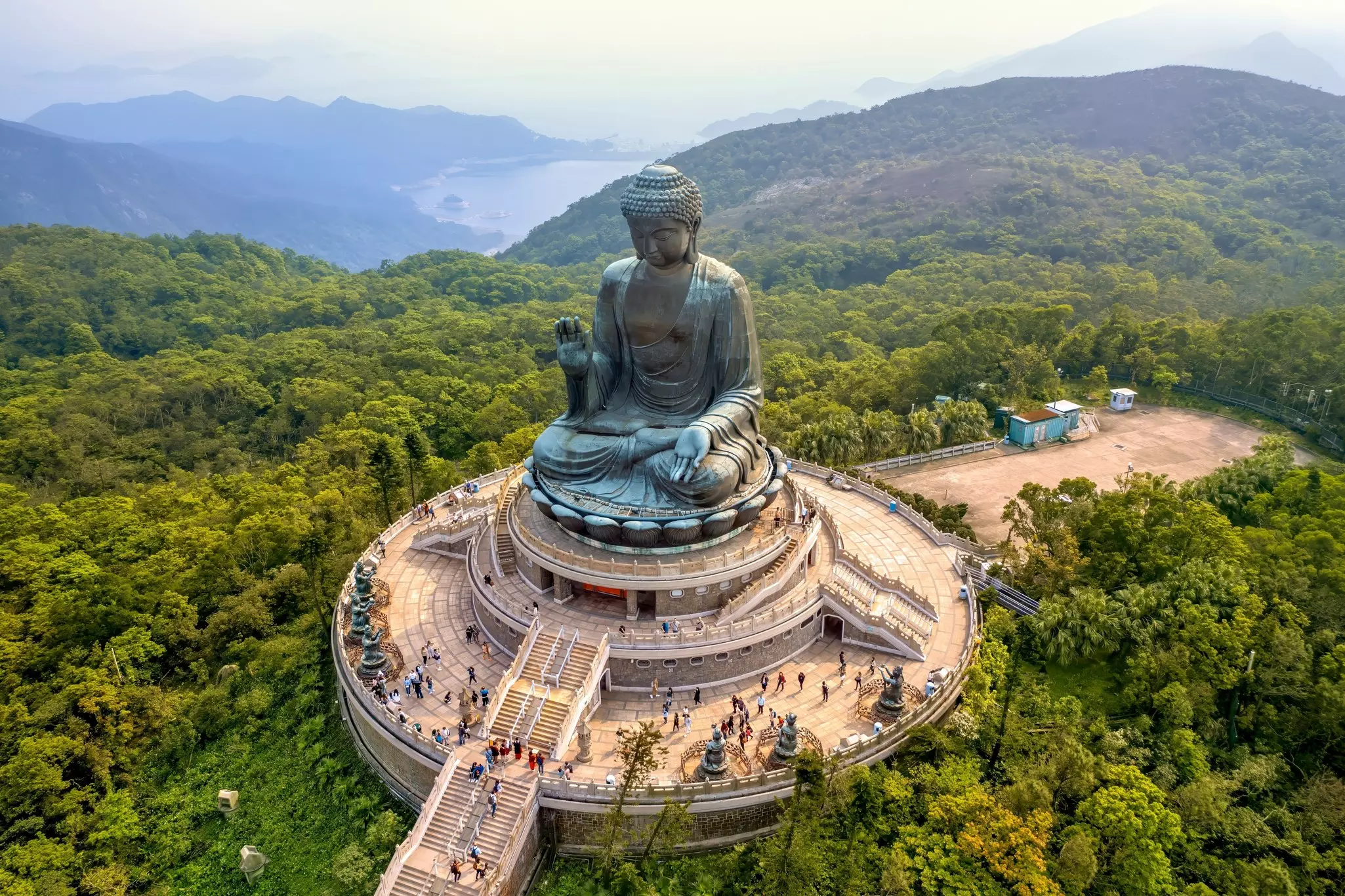 Aerial view of the Tian Tan Buddha on Lantau island, Hong Kong.