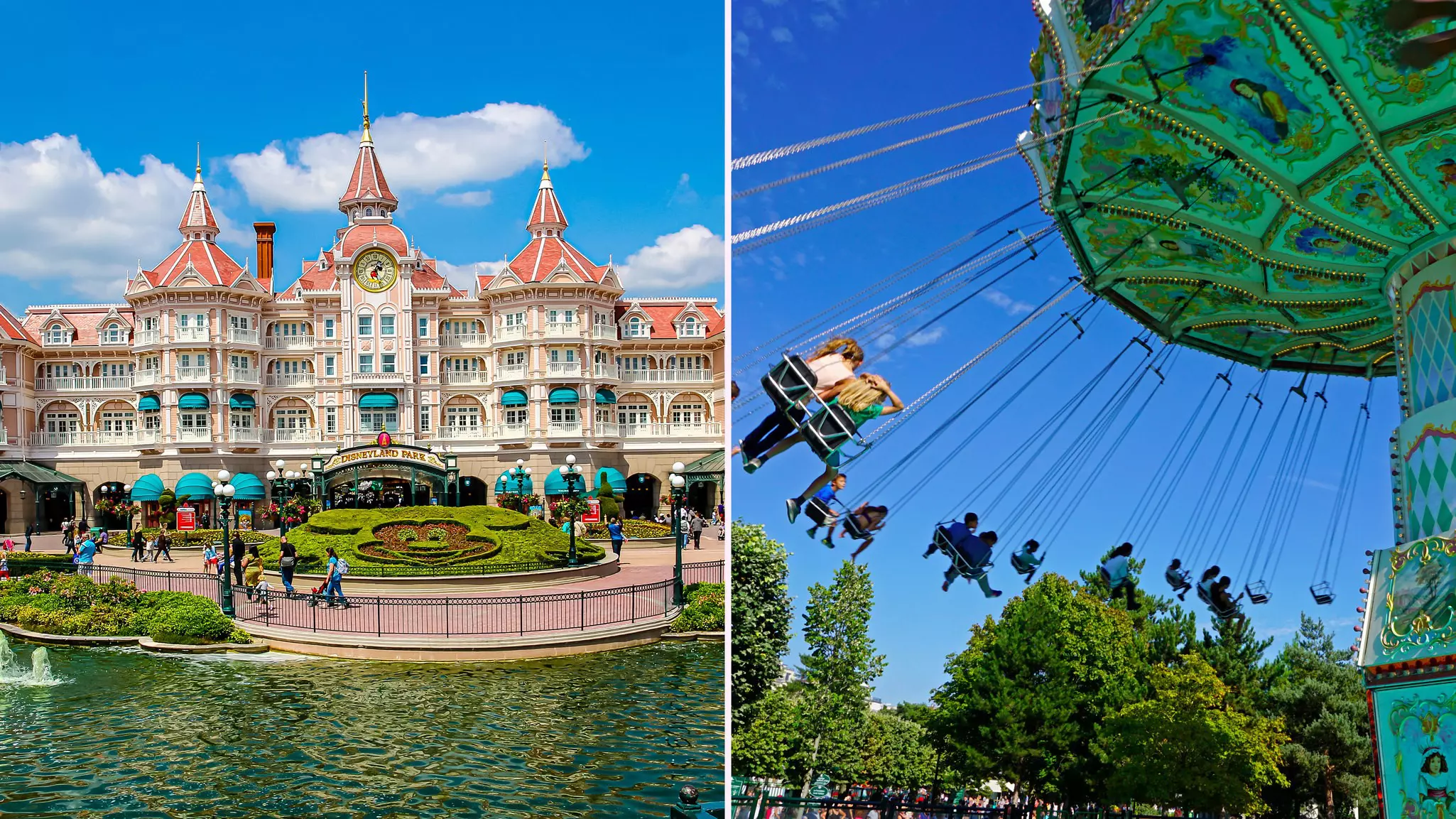 Left: a large pastel pink turreted building with a sign saying