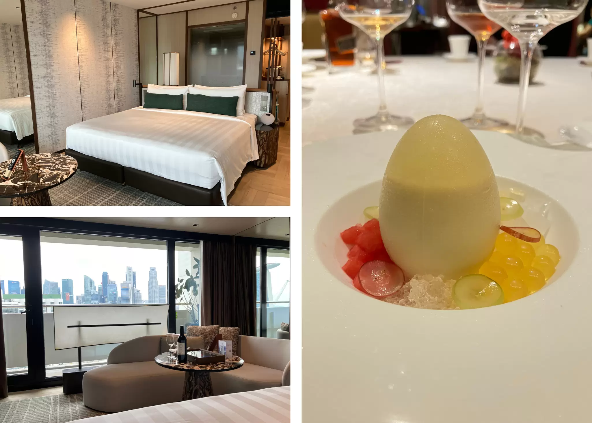 Clockwise from left: a bed in a suite at the Pan Pacific hotel; an egg-shaped dessert on a restaurant table; views of Singapore from the hotel suite. 