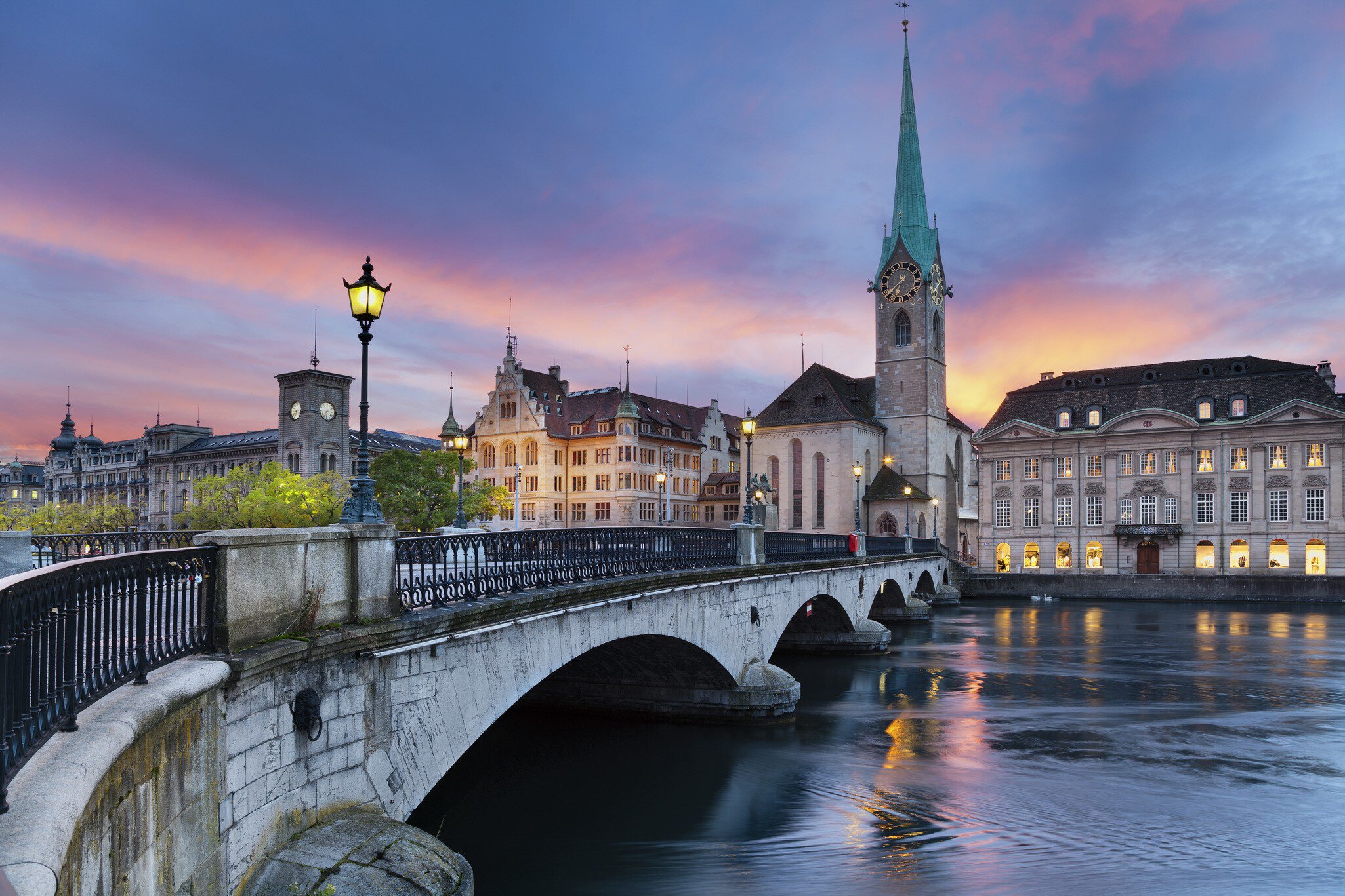 Zurich during dramatic sunset.