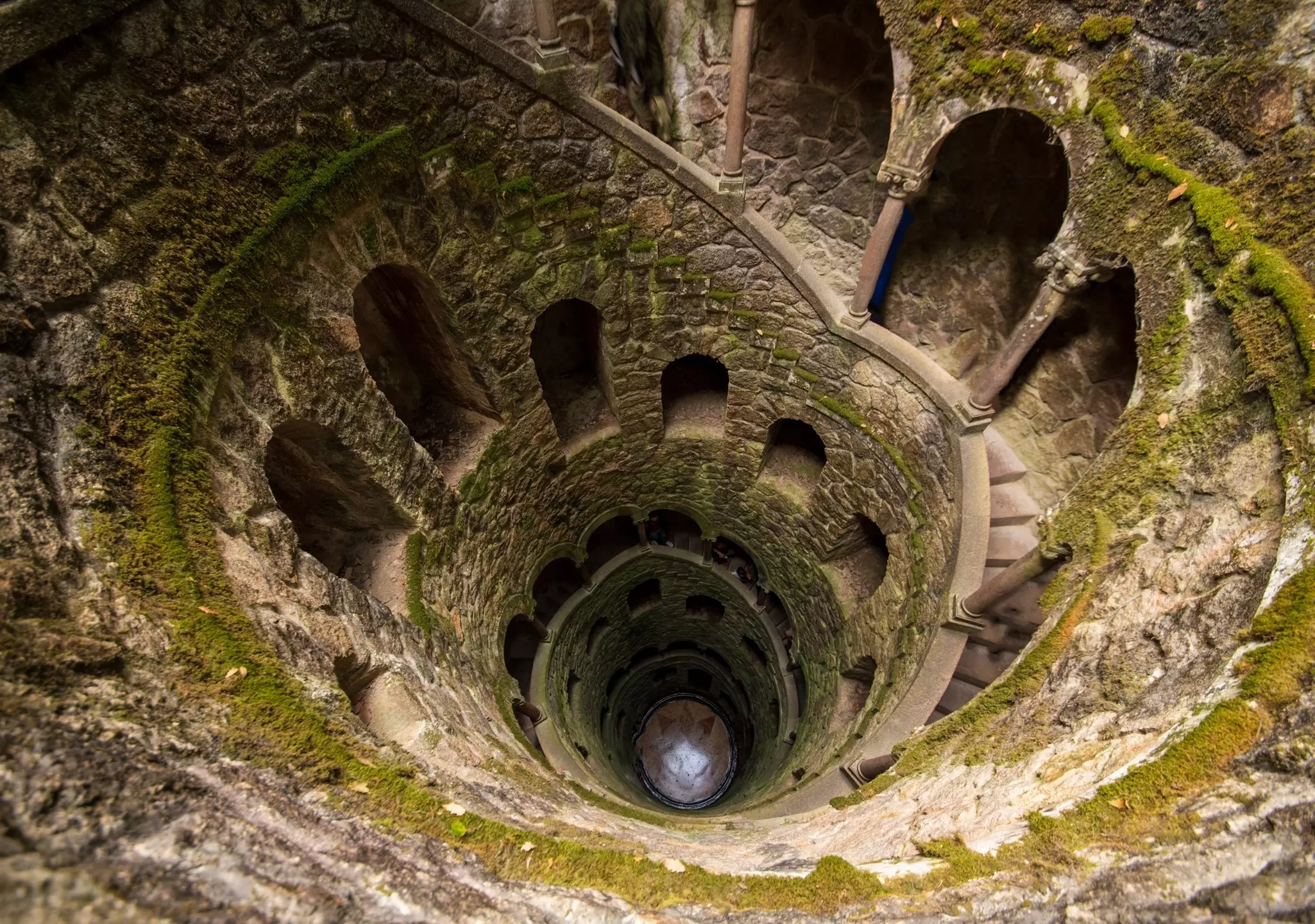 A view of an underground tower and its spiraling stairs