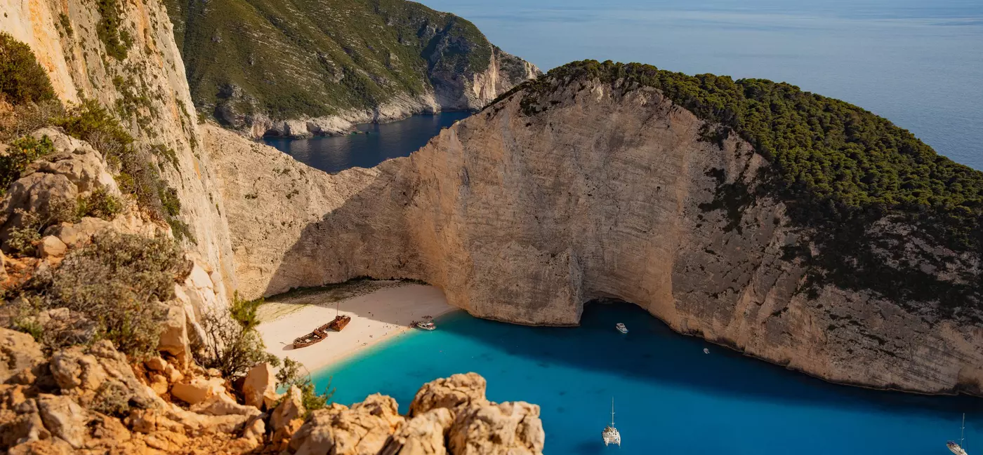 A bay with a shipwreck.