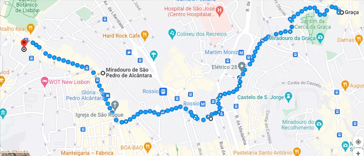 Austin's walking route through Lisbon © Google Maps