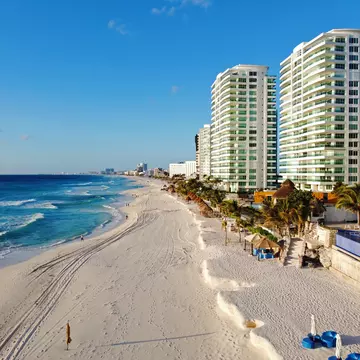 Aerial view of Chac Mool Beach in Cancún, Mexico.