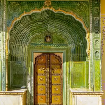 Colorful gate of Pritam Niwas Chowk of City Palace in Jaipur, India.
