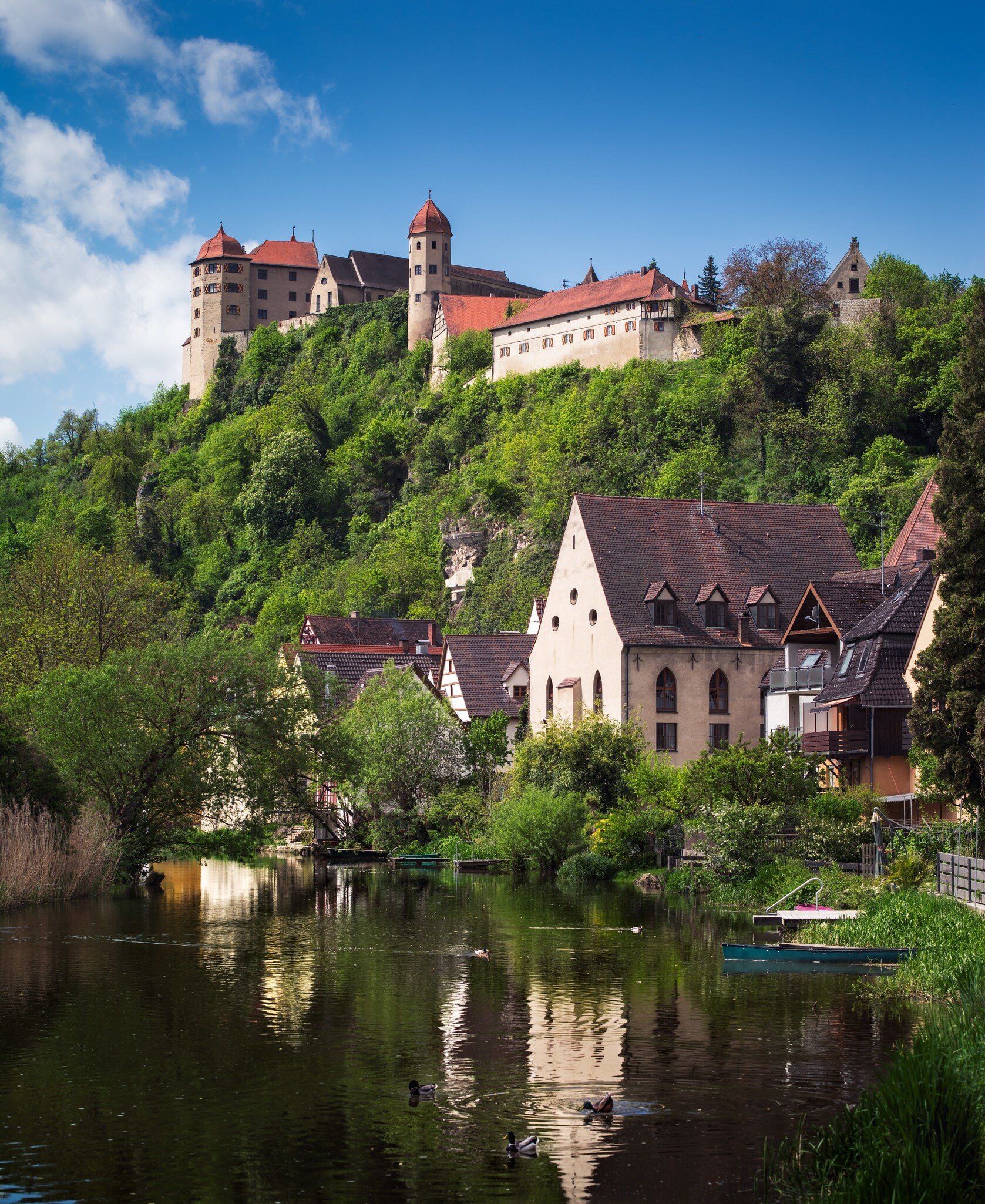 Harburg Castle atop a hill overlooking the river of Wornitz in Bavaria, Germany.