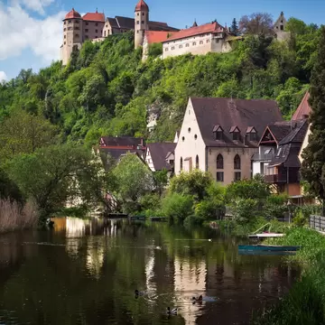 Harburg Castle atop a hill overlooking the river of Wornitz in Bavaria, Germany.