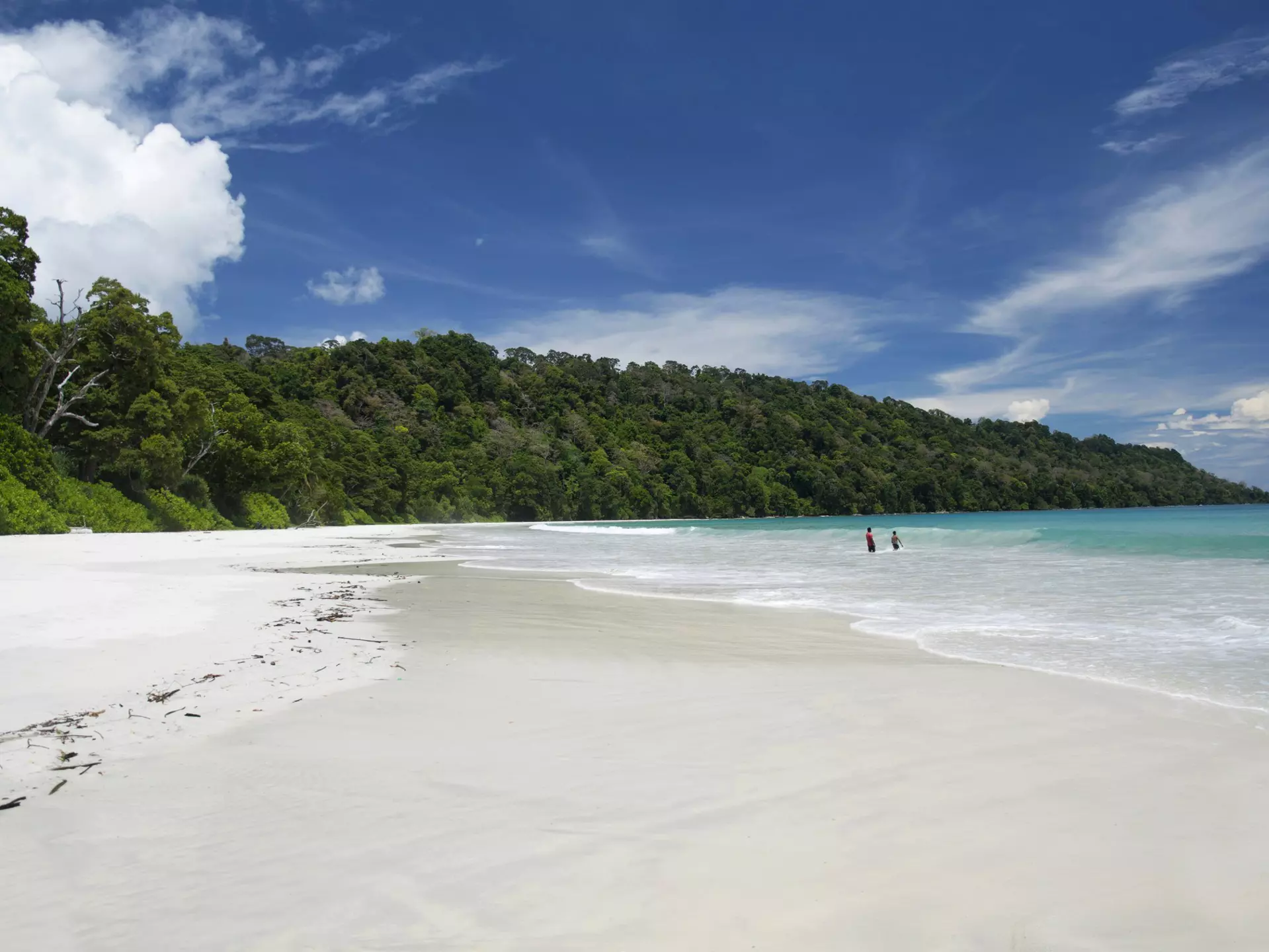 Two men paddle in the shallows of an otherwise empty beach on Havelock Island, which is part of the Andaman Islands archipelago. The white-sand beach is backed by forest.