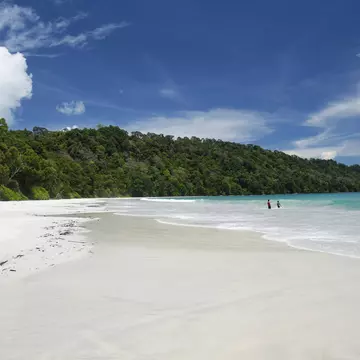 Two men paddle in the shallows of an otherwise empty beach on Havelock Island, which is part of the Andaman Islands archipelago. The white-sand beach is backed by forest.