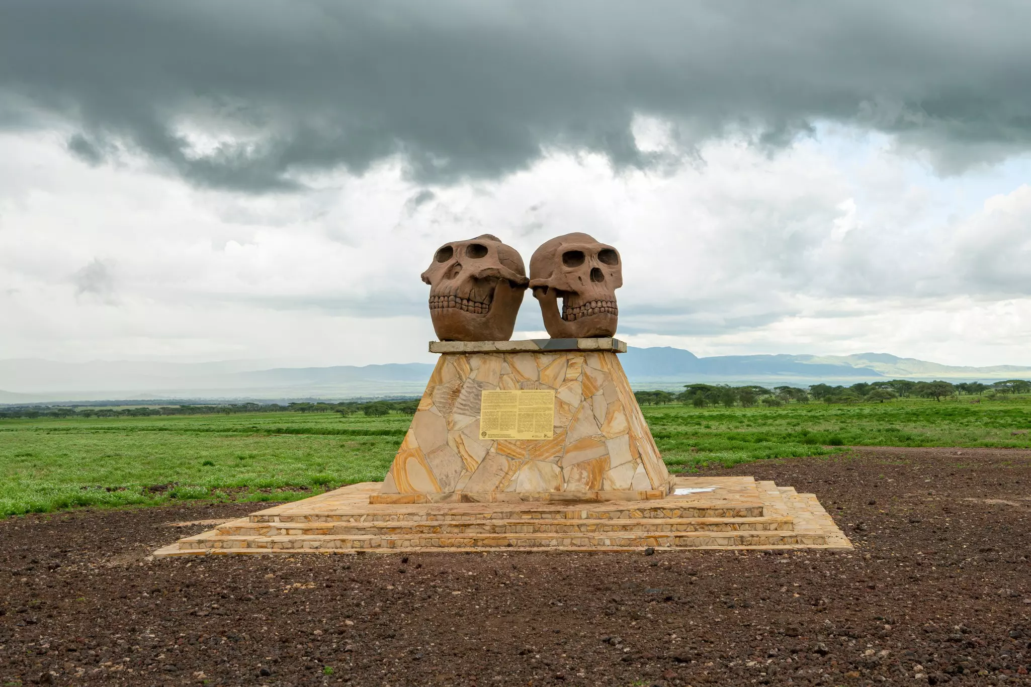 A statue of the skulls of Paranthropus (left) and Homo Habilis (right) at the entrance to the Olduvai Gorge Museum