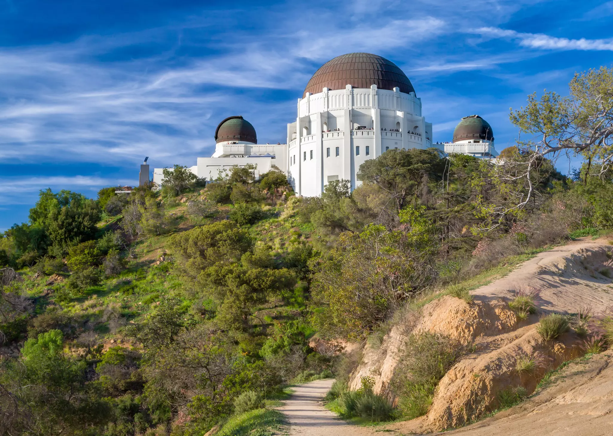 Griffith Observatory and planetarium against blue skies in the Hollywood Hills, Los Angeles, California