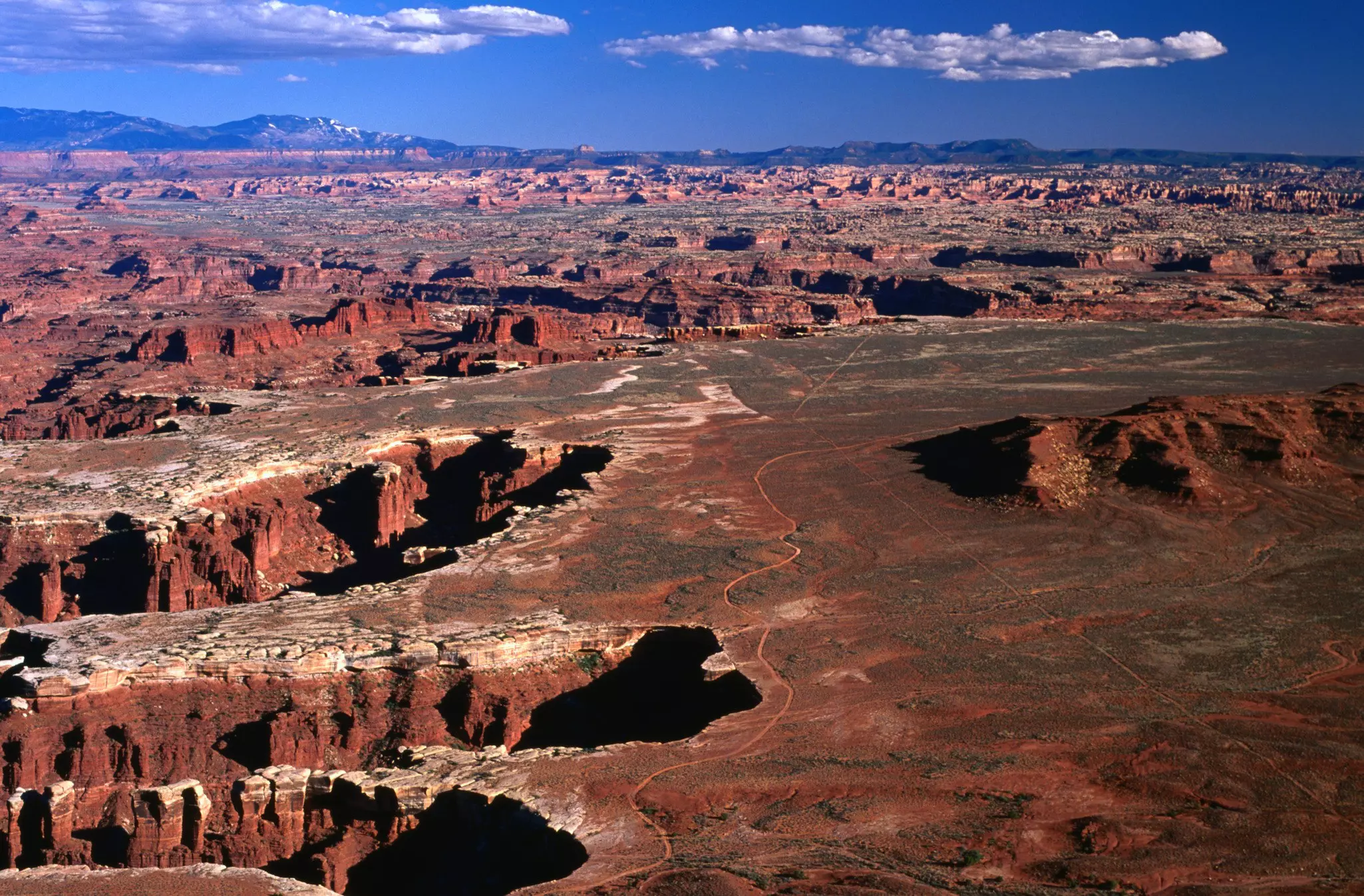Aerial shot of red earth and plateaus from Grandview Point, Island in the Sky, Canyonlands National Park.